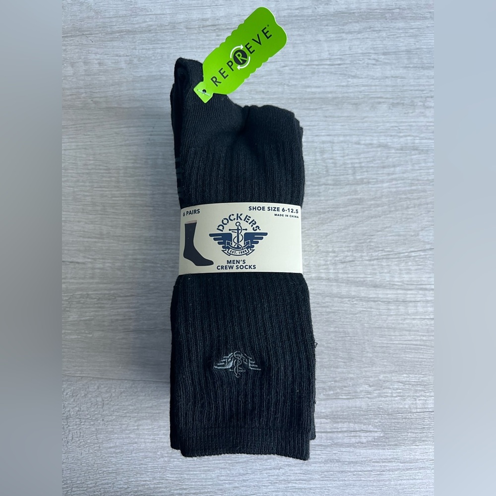 Dockers Men's 6-Pack Embroidered Repreve Dress Crew Sock Black Shoe Size 6-12.5